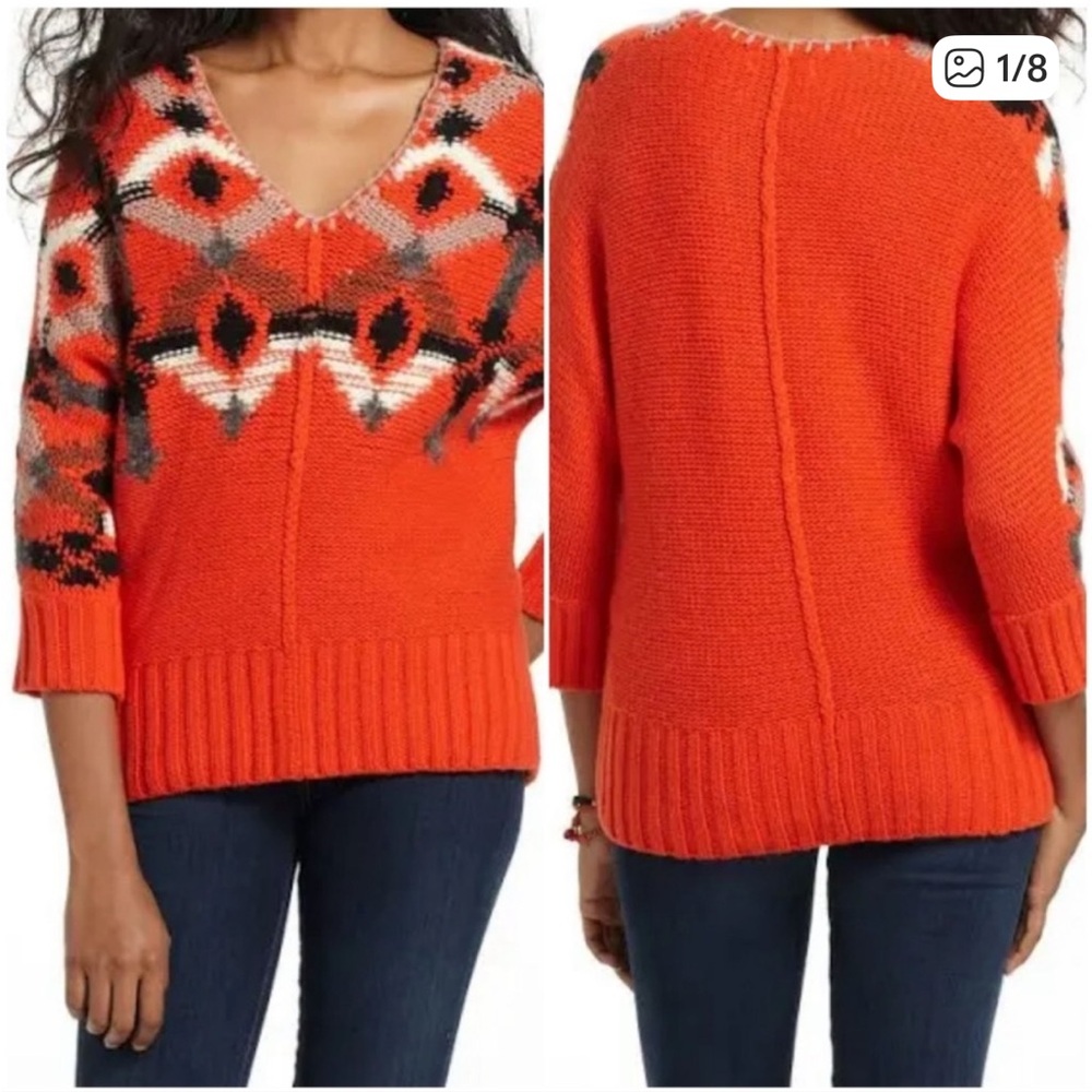 Anthropologie Fiets Voor 2 Vibrant Orange Nordic chunky V-Neck Sweater S